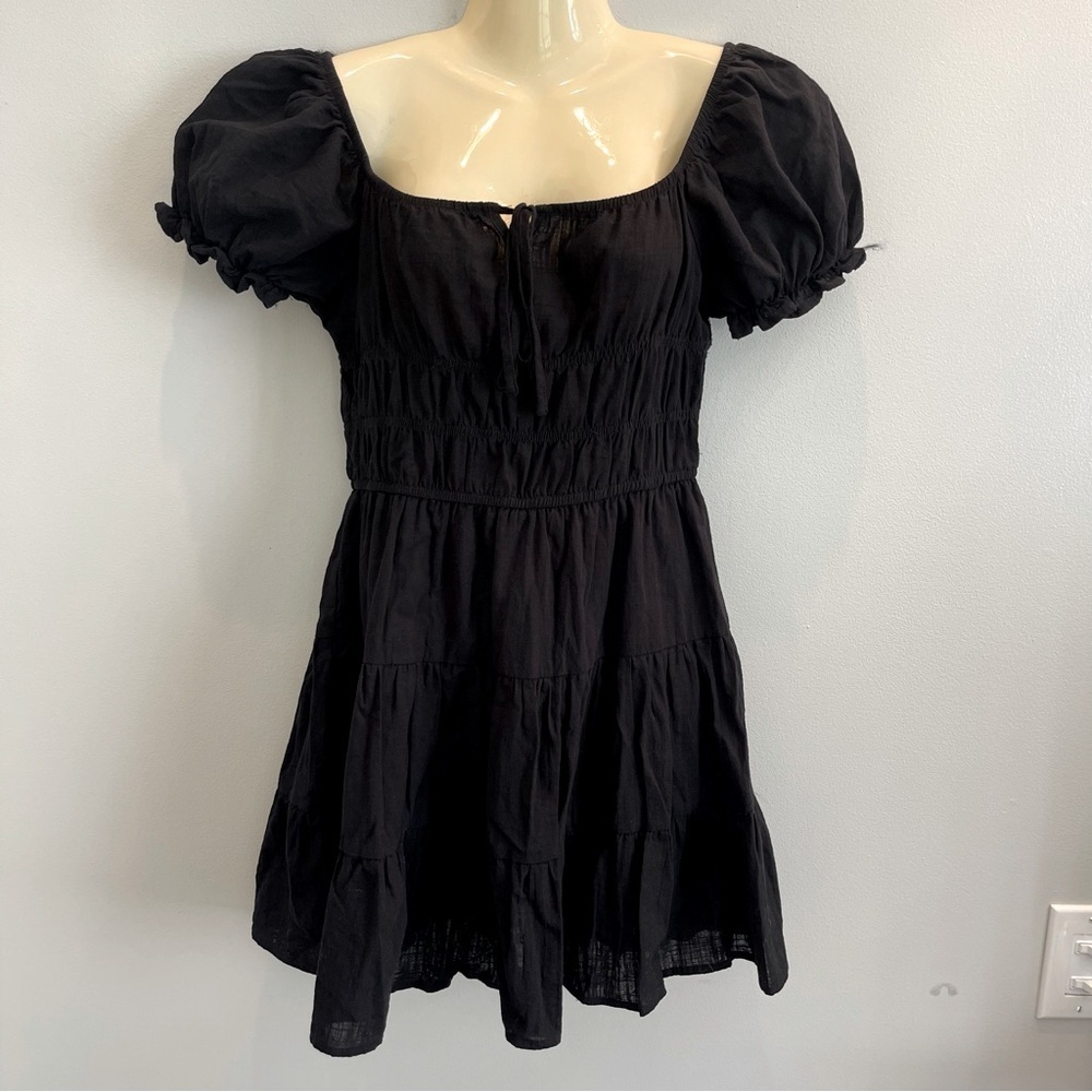 SHEIN Dress Women’s M Black Puff Sleeve Ruched Tiered Cottage core, Babydoll
